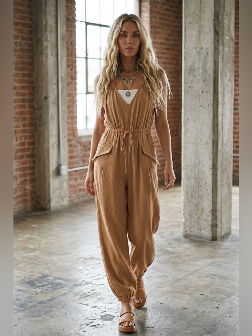 NWT Eesome Camel Washed Jogger Jumper Jumpsuit - Picture 4 of 5